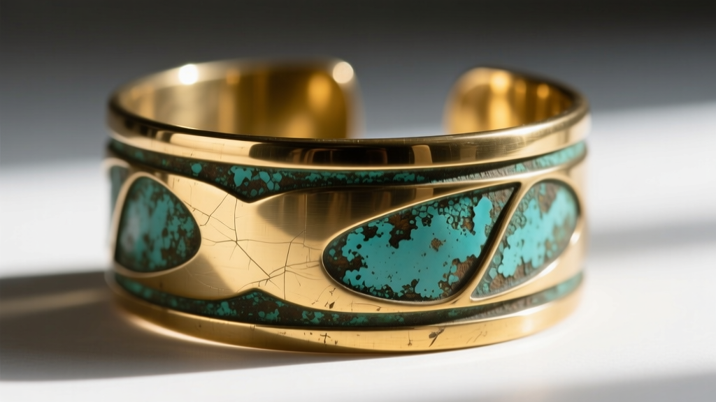 Macro shot of a vintage brass cuff showing early verdigris patina in crevices, contrasting with highly polished outer metal edges.