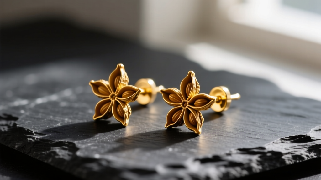 Macro shot of 14k yellow gold clove bud earrings on dark slate, highlighting the textured spice calyx and polished 18-gauge post.