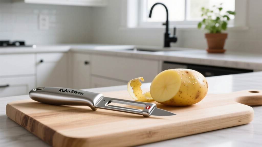 Close-up of Kuhn Rikon Swiss Peeler resting on a wooden cutting board next to a peeled Yukon gold potato in a compact galley kitchen