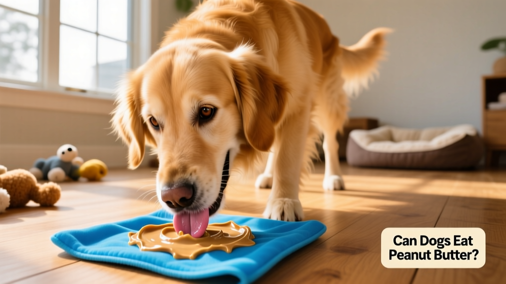 A golden retriever happily licking peanut butter from a blue lick mat