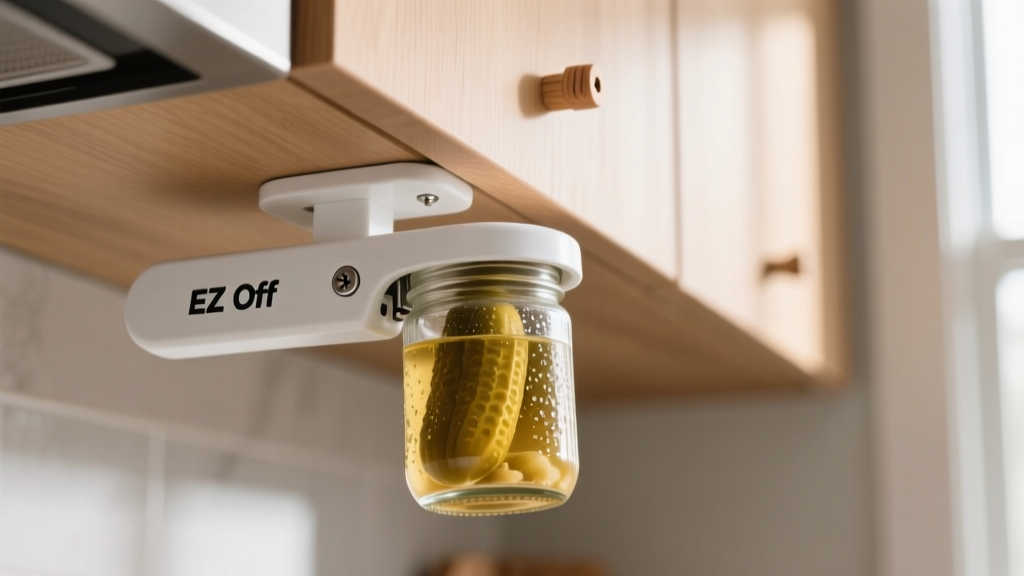 White EZ Off under-cabinet jar opener mounted with wood screws beneath a light oak MDF kitchen cabinet gripping a glass pickle jar