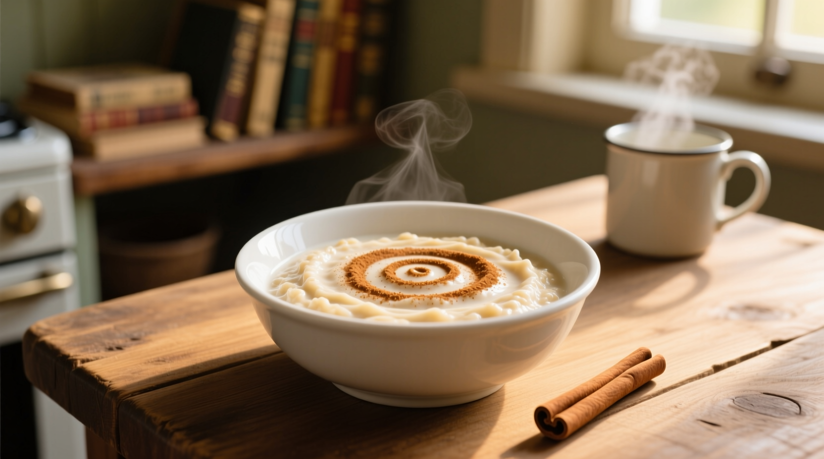 Cream of wheat served in white bowl with cinnamon