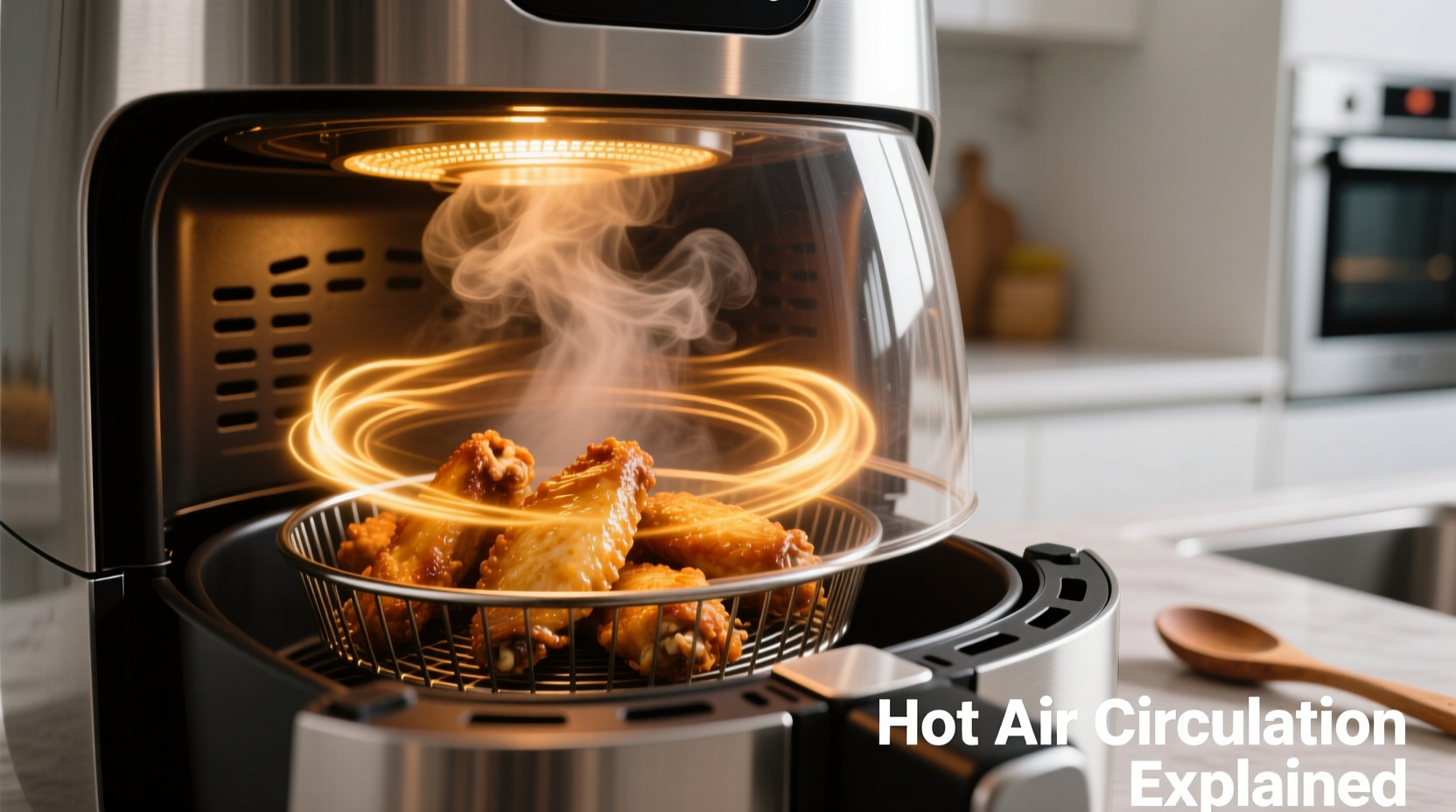 Air fryer cooking process showing hot air circulation