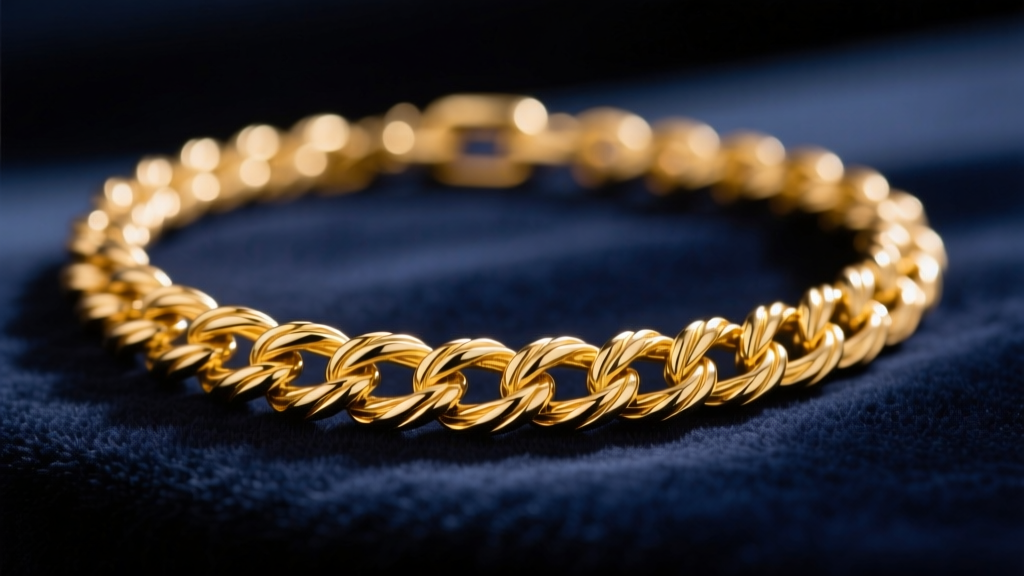 Close-up of a sparkling 14k yellow gold rope chain necklace resting on dark velvet in soft studio lighting