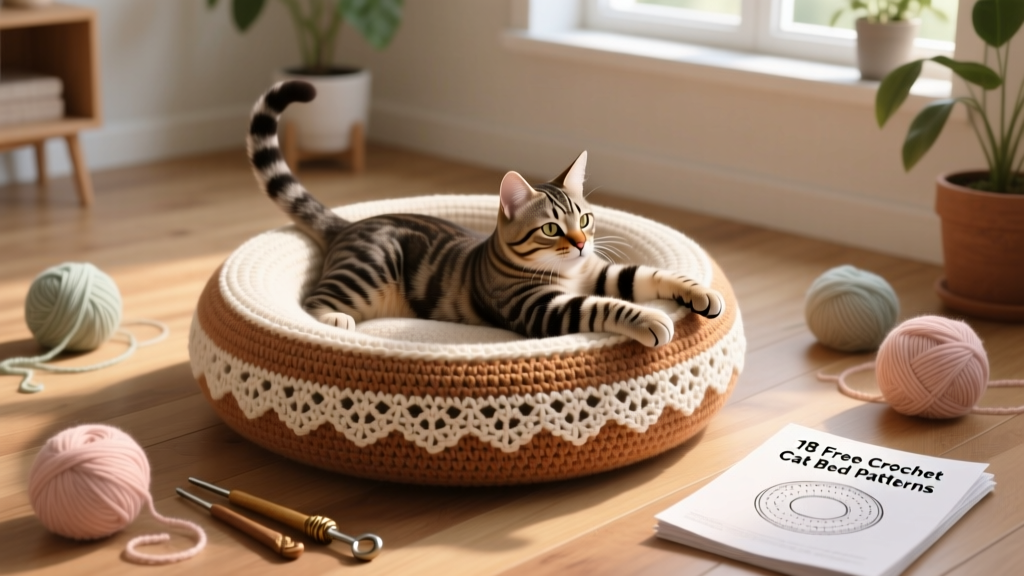 A tabby cat stretching luxuriously inside a finished crocheted donut bed, surrounded by yarn skeins and crochet hooks