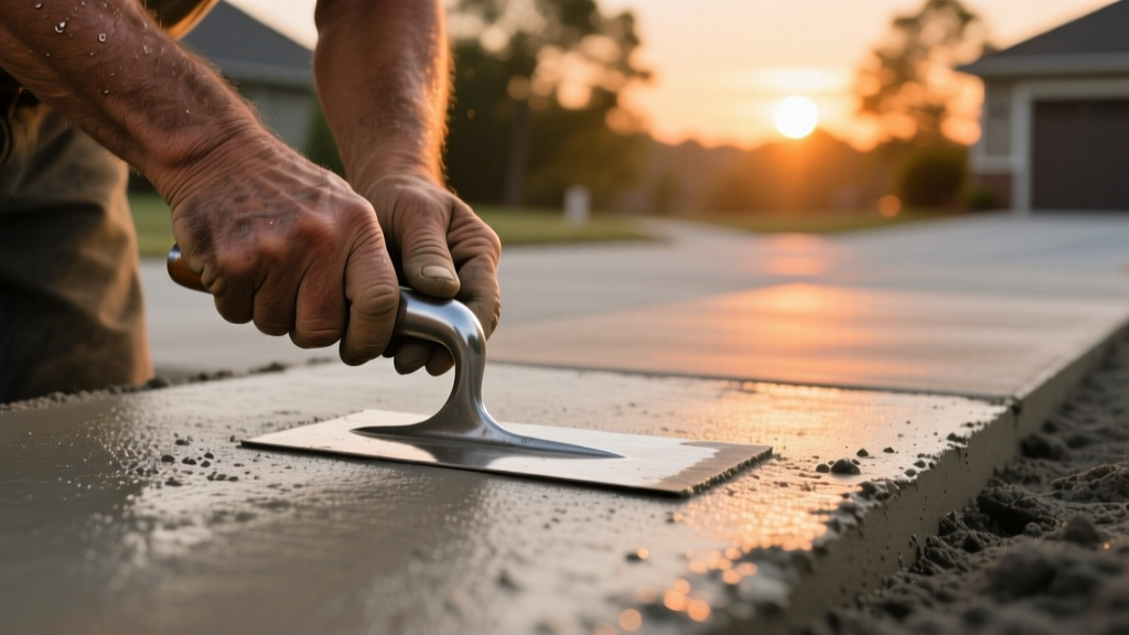 Close-up of a professional concrete finisher using a magnesium hand trowel to smooth a freshly poured residential driveway slab at sunset