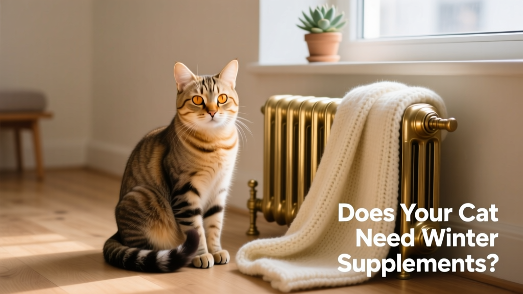 Calm tabby cat sitting peacefully beside a warm radiator with a soft blanket nearby