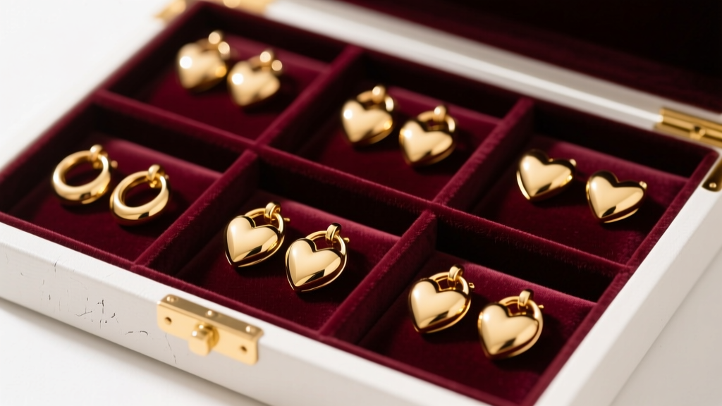 Organized jewelry box featuring individual velvet compartments storing polished gold heart hoop earrings to prevent scratching