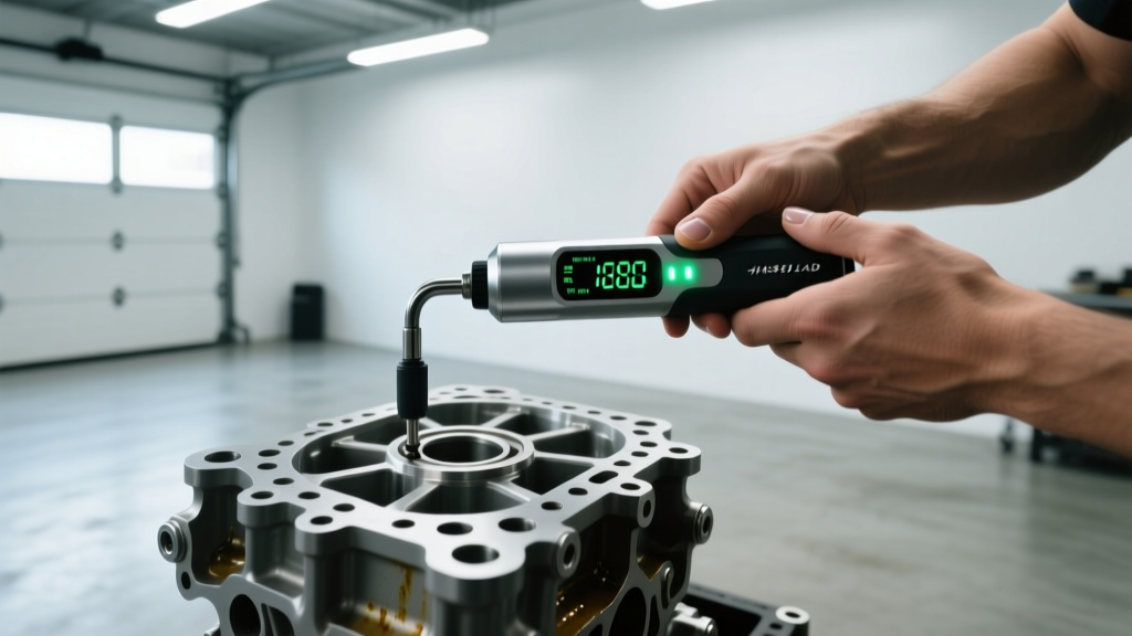 Hands adjusting a smart digital torque wrench on a motorcycle engine block in a well-lit, modern garage workspace.