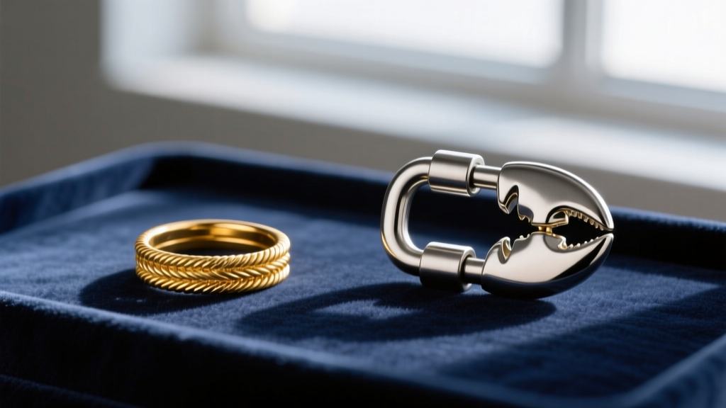 Side-by-side comparison of a delicate 5mm gold spring ring clasp and a heavy-duty 12mm stainless steel lobster clasp on velvet