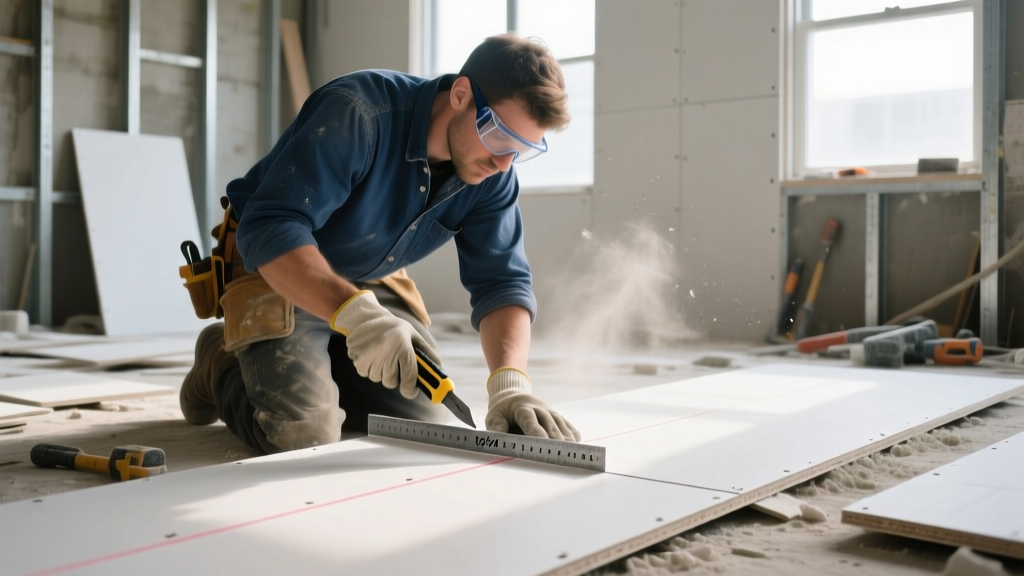Professional drywall installer scoring a 5/8-inch Type X gypsum board with a utility knife and T-square on a dusty job site