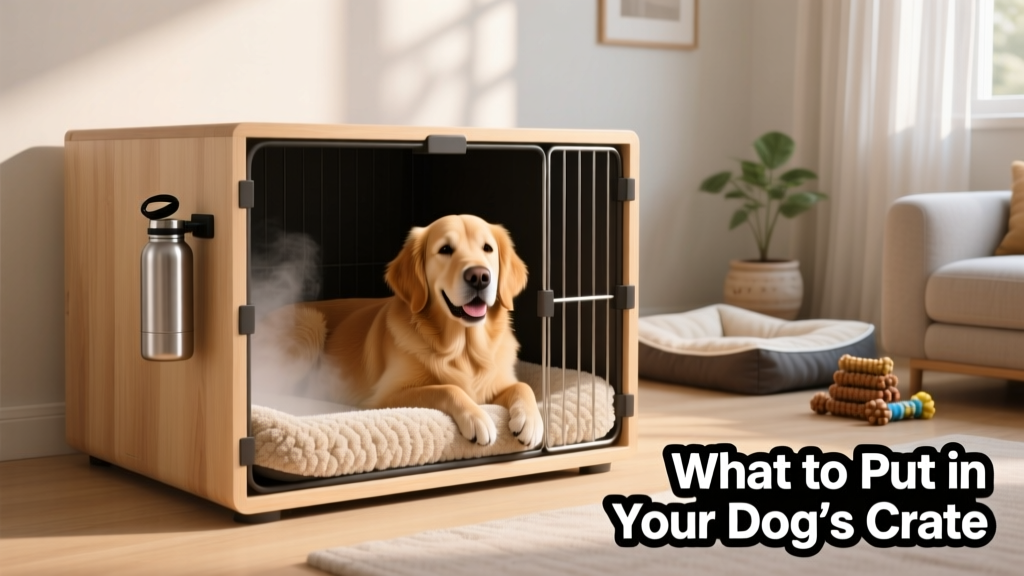 A dog resting comfortably on a soft, chew-resistant mat inside a clean, well-organized crate with a water bottle mounted on the side