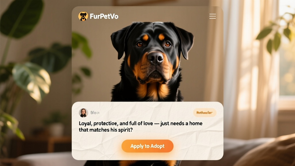 Screenshot-style mockup showing a FurPetVo profile page with a Rottweiler photo, bio section, and 'Apply to Adopt' button