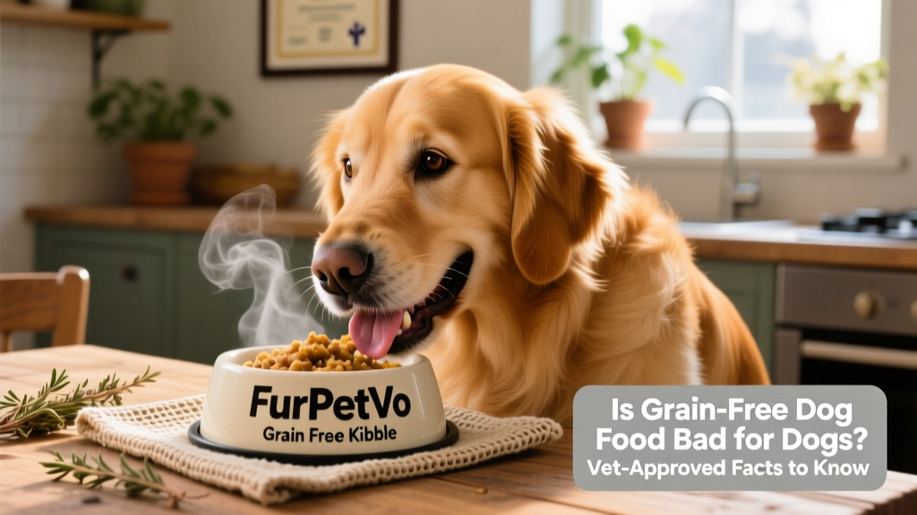 Close-up of a dog happily eating from a bowl labeled FurPetVo grain-free kibble