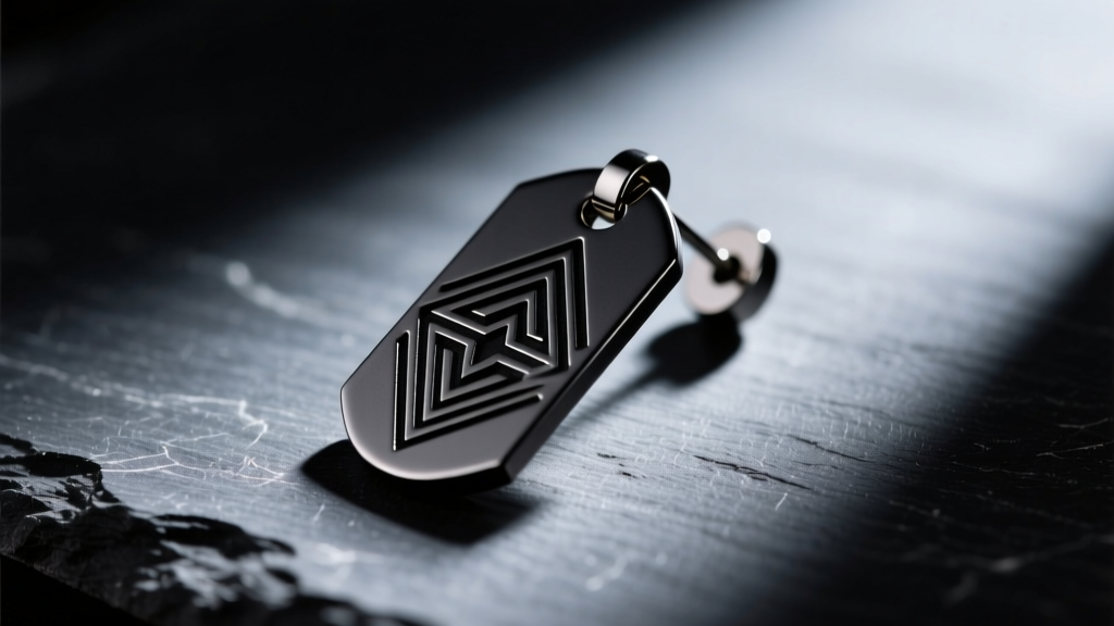 Macro shot of a matte black titanium tag earring with geometric laser engraving on dark slate with dramatic side lighting