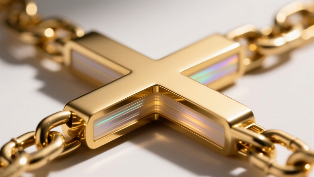 Macro photography of a brass necklace chain cross-section showing a thick gold PVD coating over a protective e-coat barrier layer.