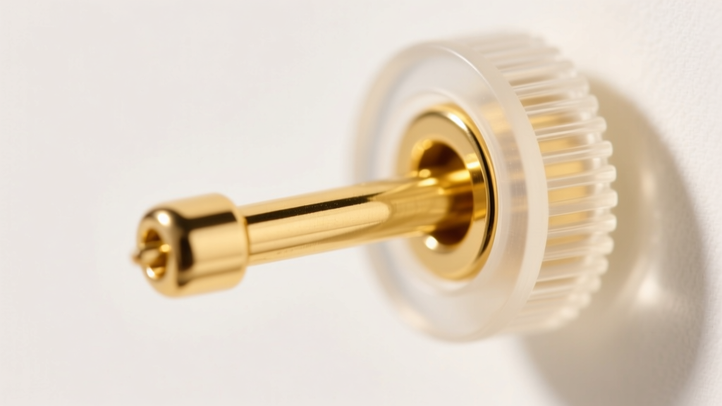 Close-up macro shot of a 20-gauge 14k yellow gold earring post sliding into a secure silicone locking earring backing replacement.