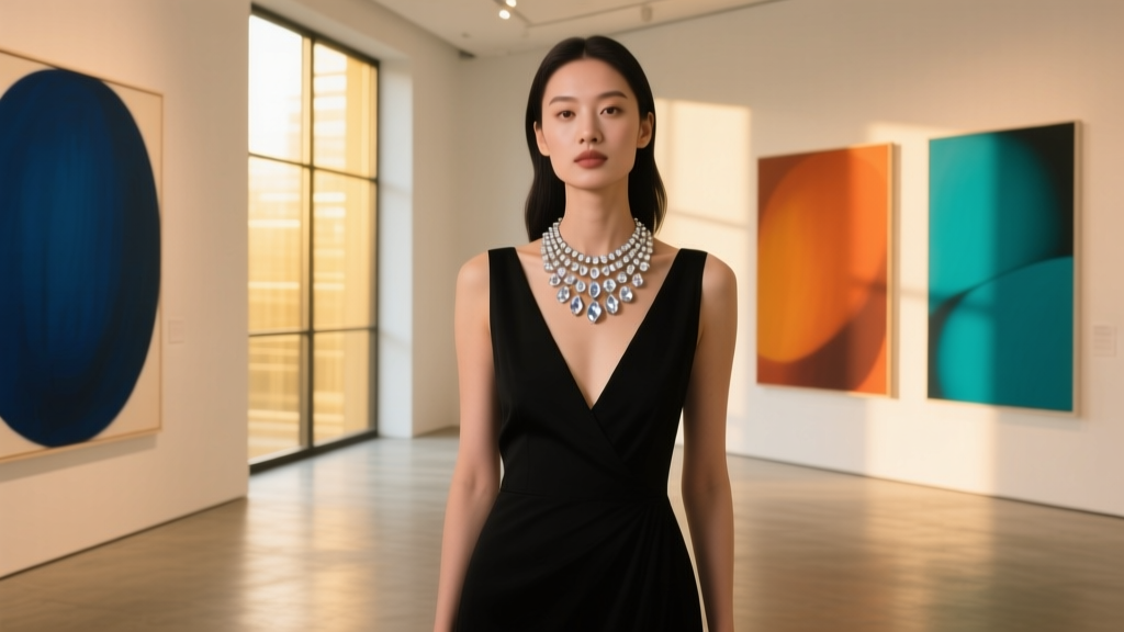 Woman in a black V-neck dress wearing a multi-strand crystal bib necklace, standing in a warm, softly lit modern art gallery.