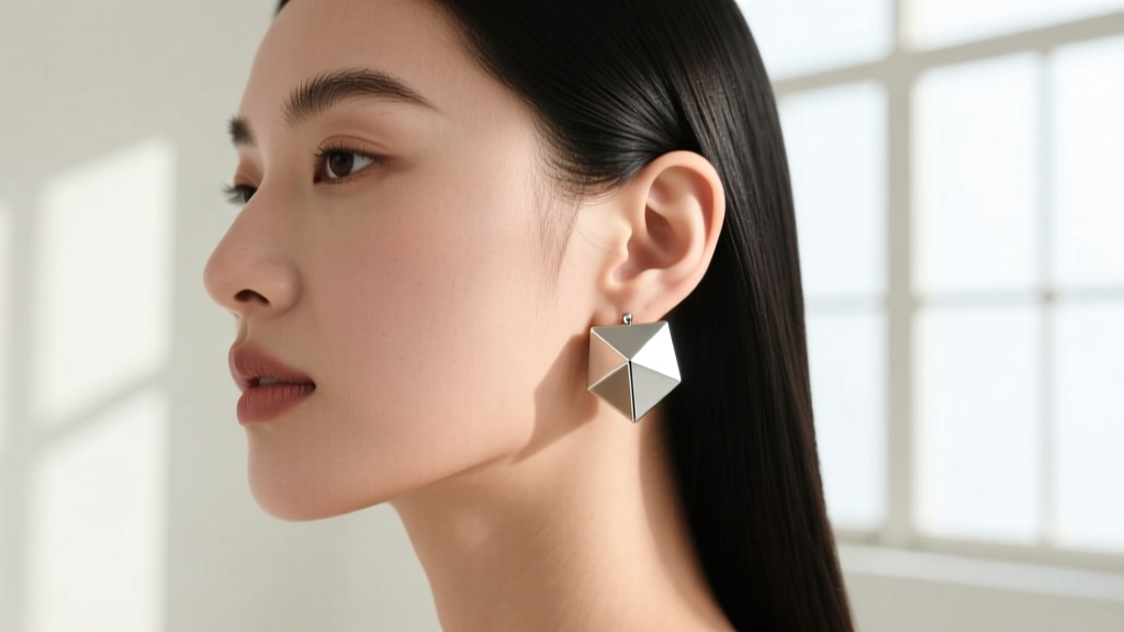 Profile view of a model wearing 18-gauge geometric silver cube earrings, showing proper lobe support without downward pulling