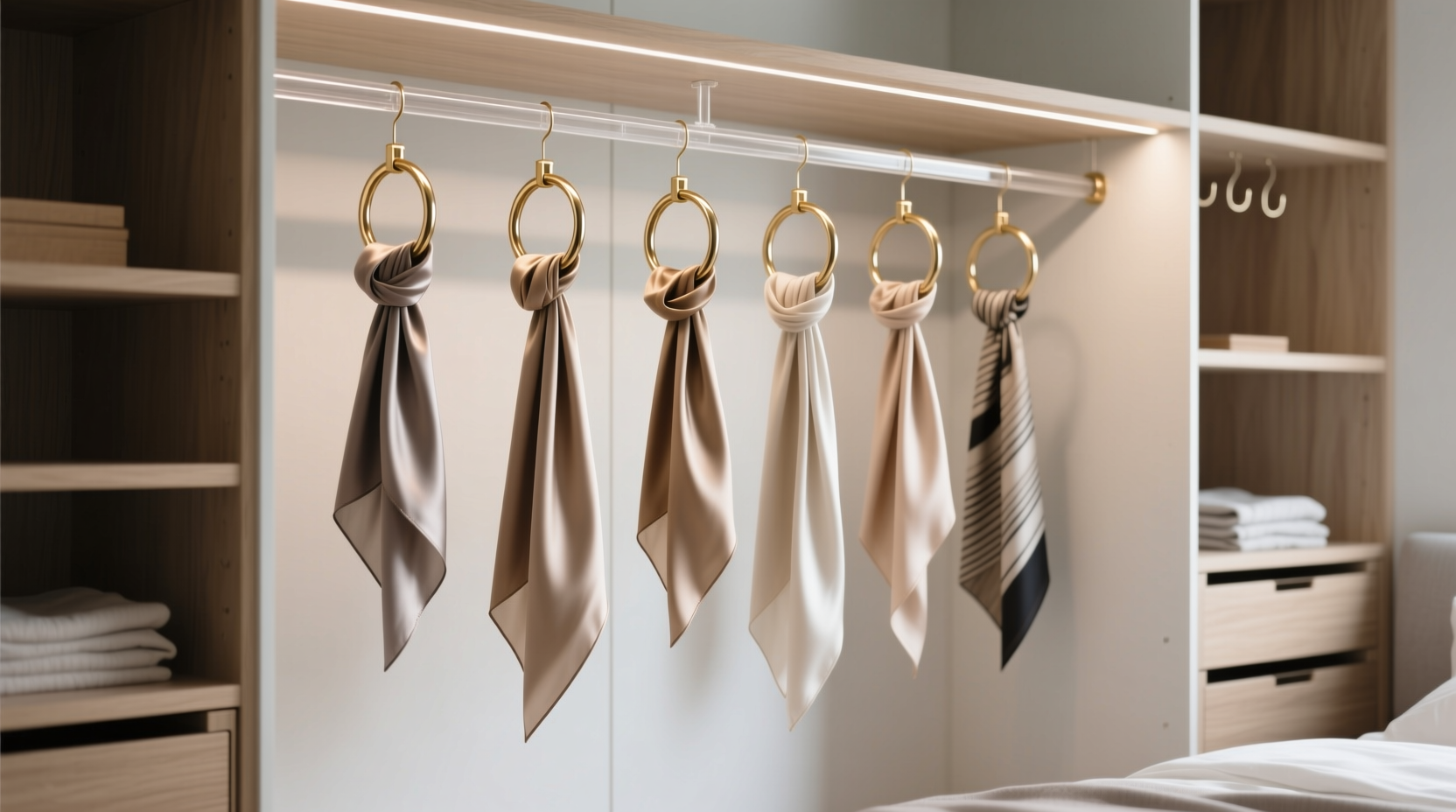crease free scarf storage with tension rods rings