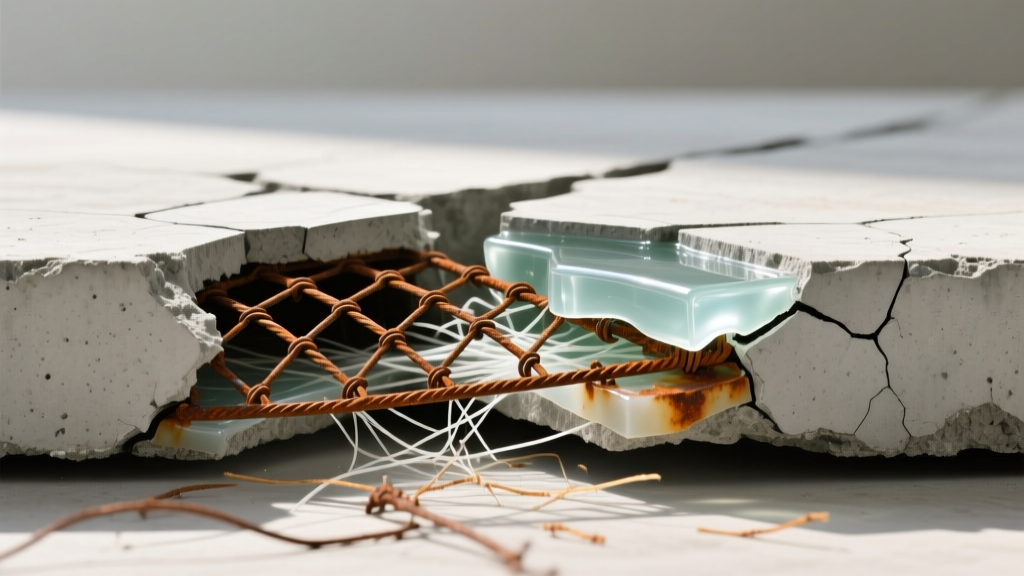 Cracked concrete slab repaired with epoxy, revealing exposed rusted wire mesh and synthetic polypropylene fibers in the cross-section