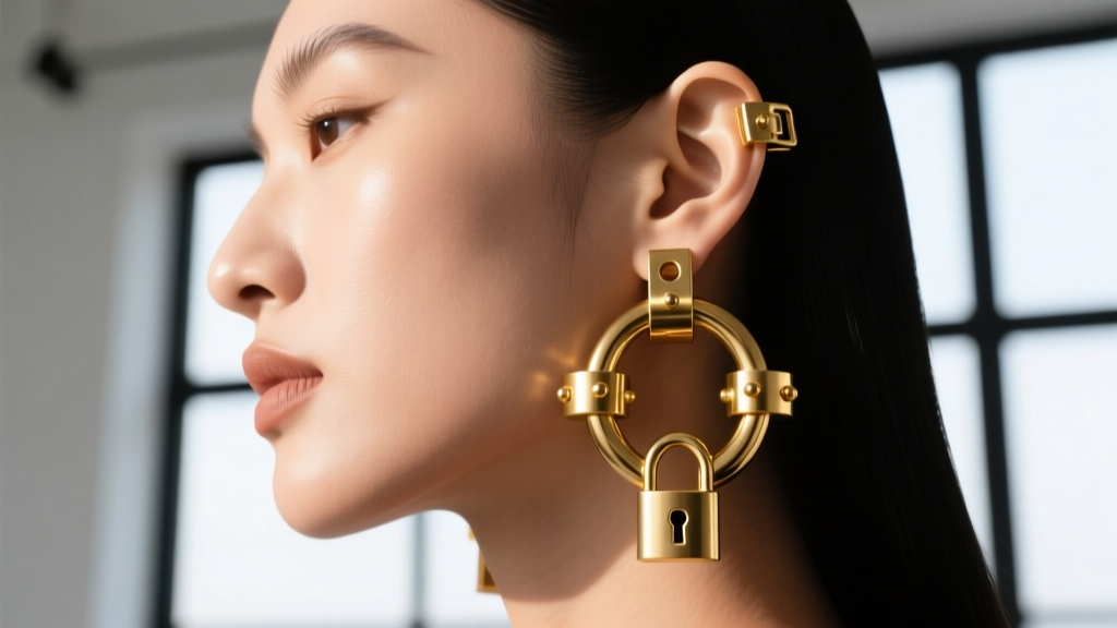 Side profile of a model wearing heavy gold hardware lock earrings, highlighting the reinforced omega clip supporting the earlobe.