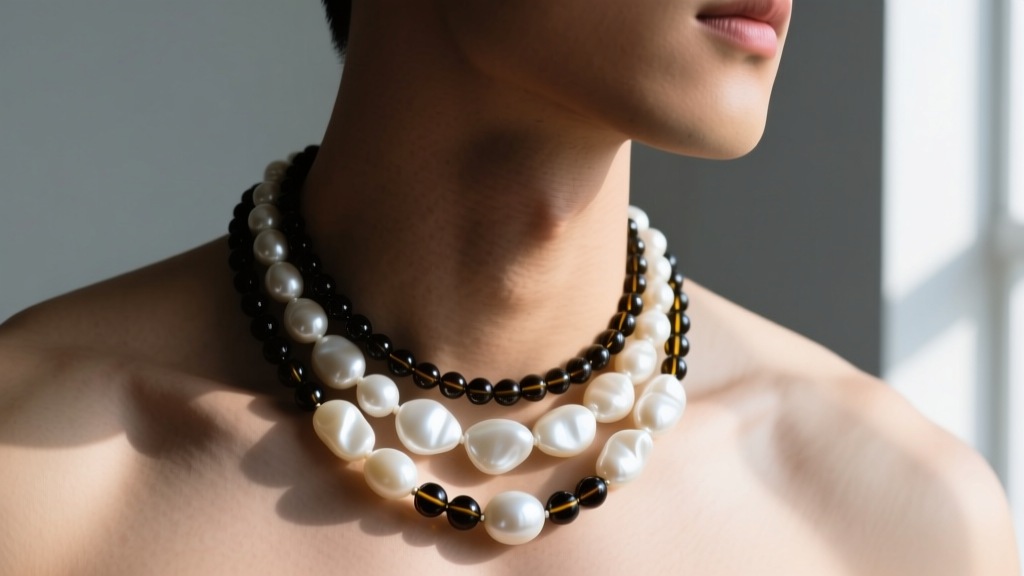 Masculine neck wearing a layered Harry Styles beaded necklace of irregular baroque freshwater pearls and small dark glass seed bead