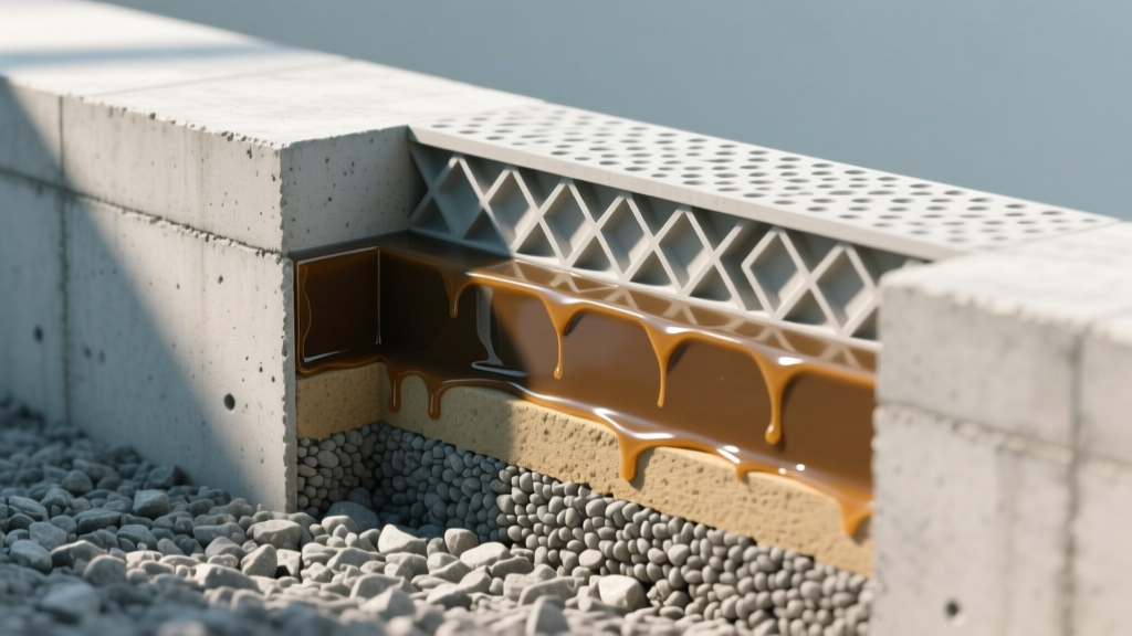 Cross-section diagram of a poured concrete foundation wall showing a liquid polyurethane membrane, dimple board, and gravel backfill