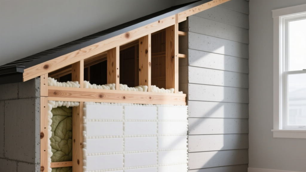 Modern residential wall cross-section showing engineered wood studs, rigid foam insulation, and gray fiber cement siding