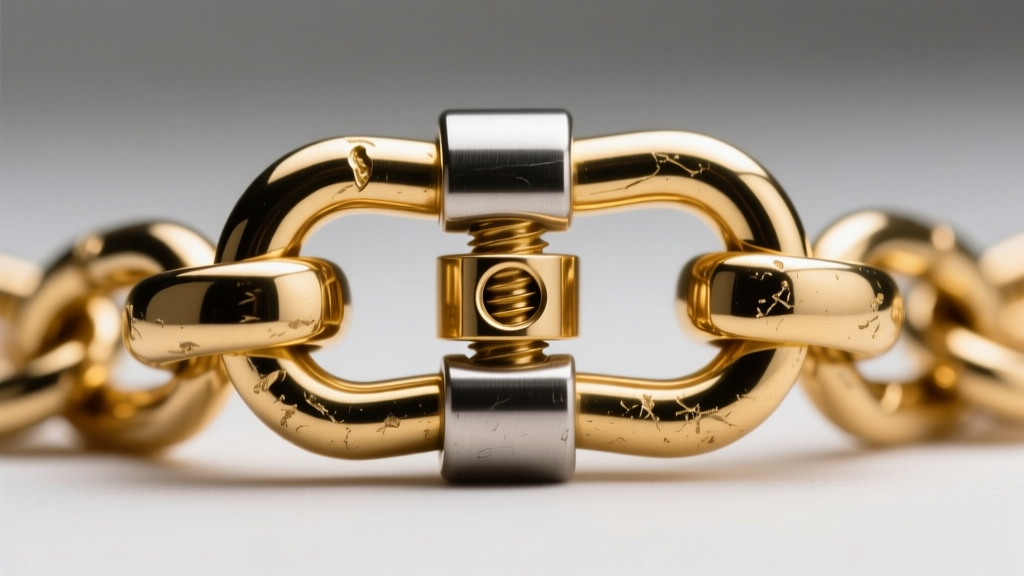 Macro shot of a steel lobster clasp on a gold chain, revealing joint mechanics and contrasting metal tones in crisp sharp focus.