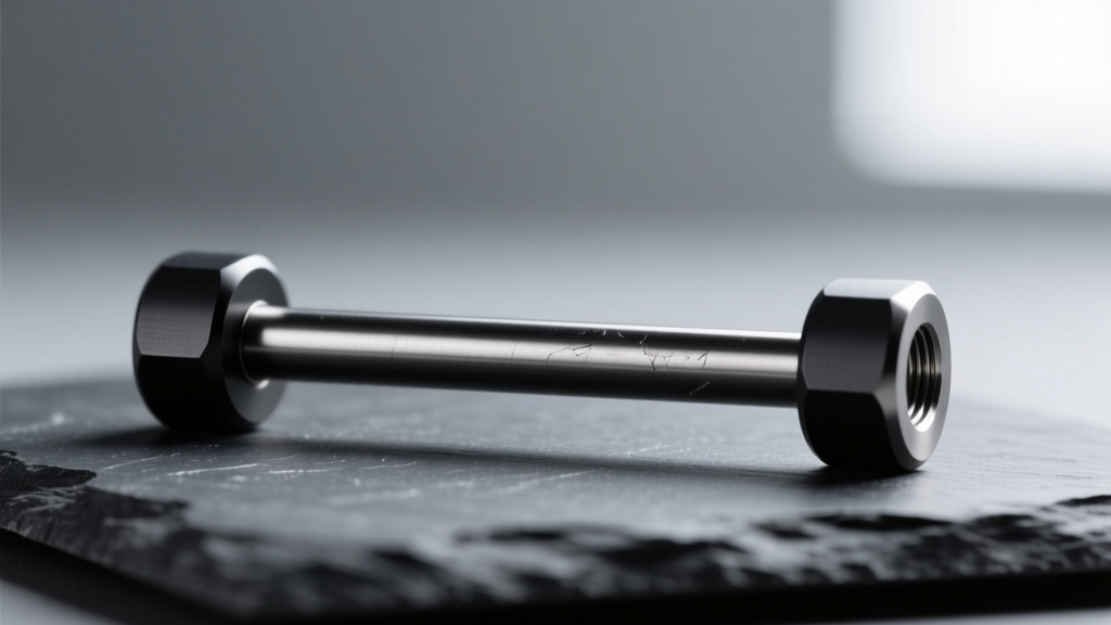 Macro shot of an implant-grade titanium straight barbell with matte black anodized threadless ends resting on a dark slate surface