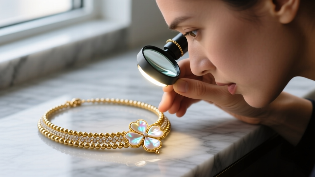 Jeweler inspecting the beaded gold border of a mother-of-pearl clover necklace using a 10x loupe and bright LED light.