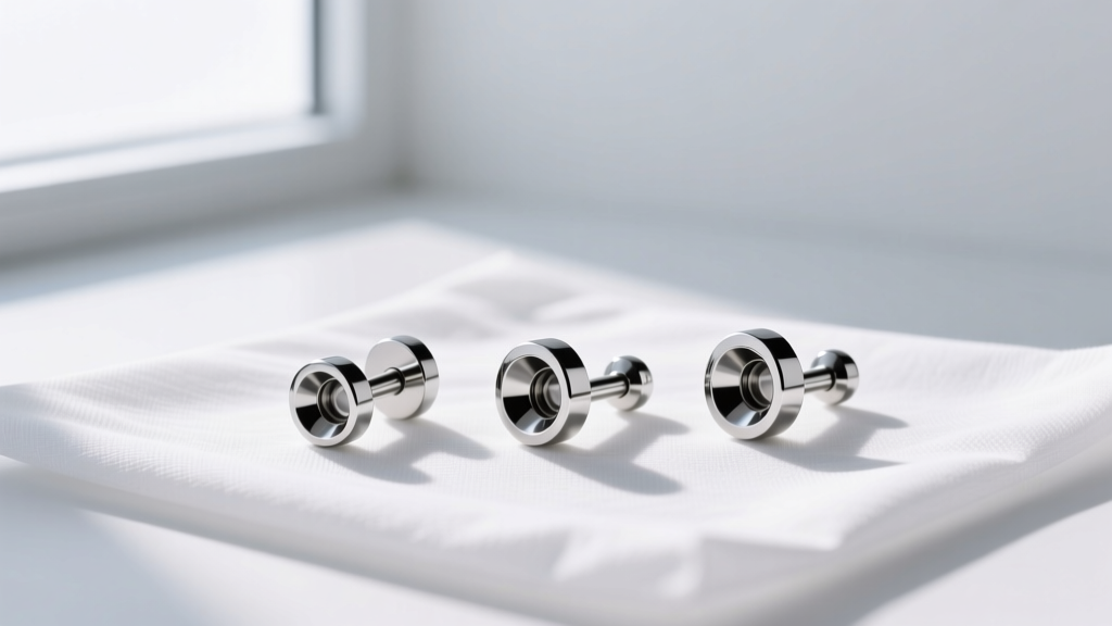 Three pairs of implant-grade ASTM F-136 titanium flat-back labret studs in varying gauge sizes resting on a sterile medical drape.