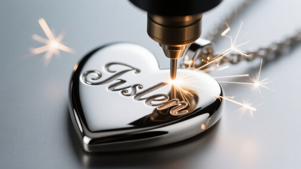 Macro shot of a fiber laser engraving a delicate serif font onto a sterling silver heart pendant, showing sparks and high contrast