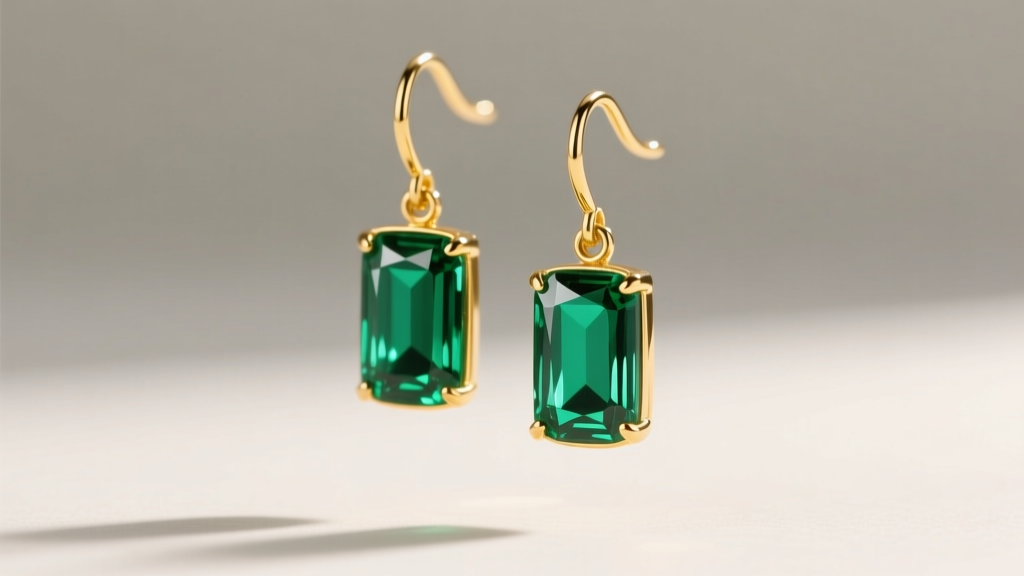 Pair of 18k yellow gold emerald baguette drop earrings in soft light, showing step-cut facets and vivid green gemstone hue