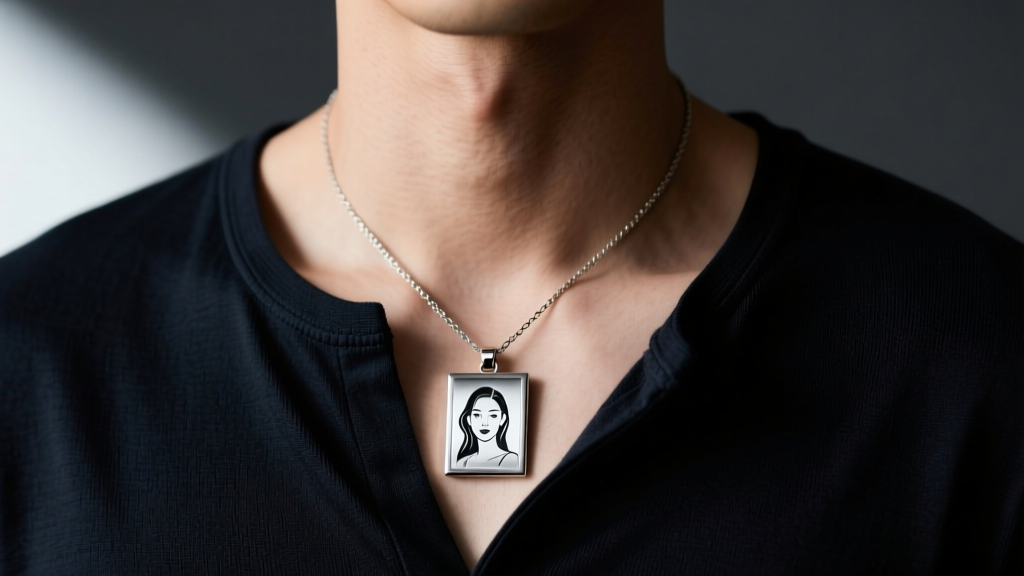Close-up of a man wearing a brushed steel picture necklace with a laser-engraved portrait, resting on a dark henley shirt.