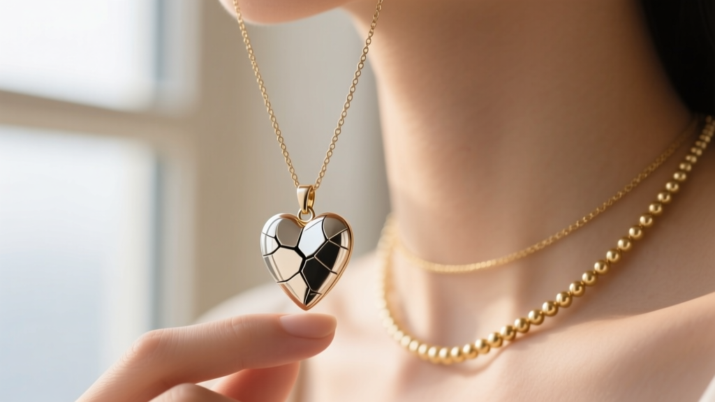 Delicate fractured heart pendant on a 1.2mm box chain layered with a simple gold bead necklace, showcasing modern everyday style.