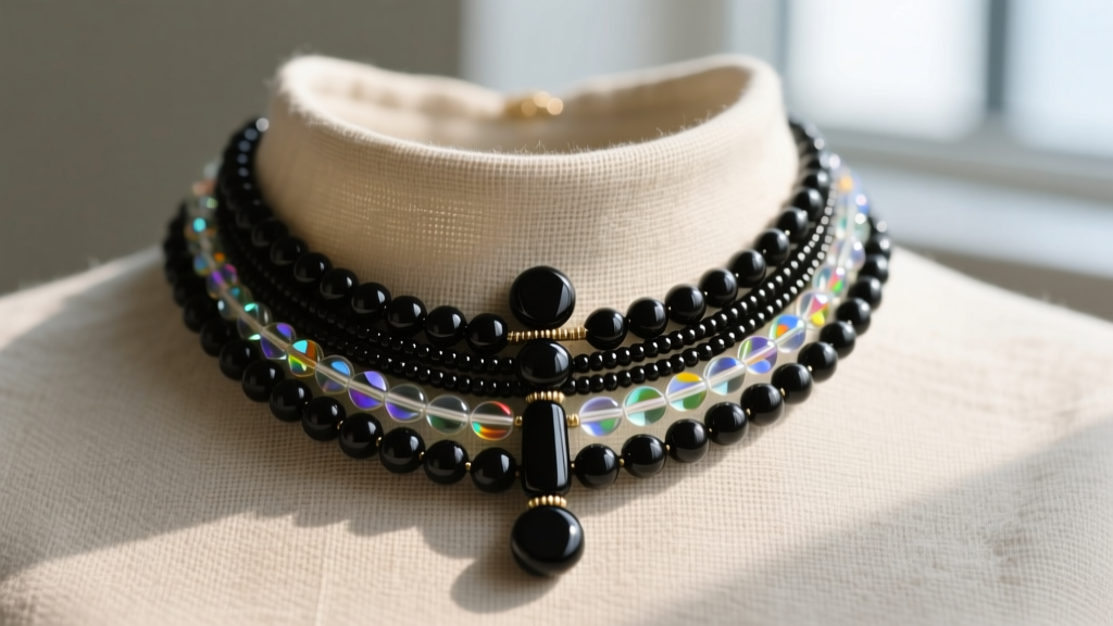Close-up of a layered beaded cross necklace with matte black onyx and Czech glass seed beads on a textured linen collar.