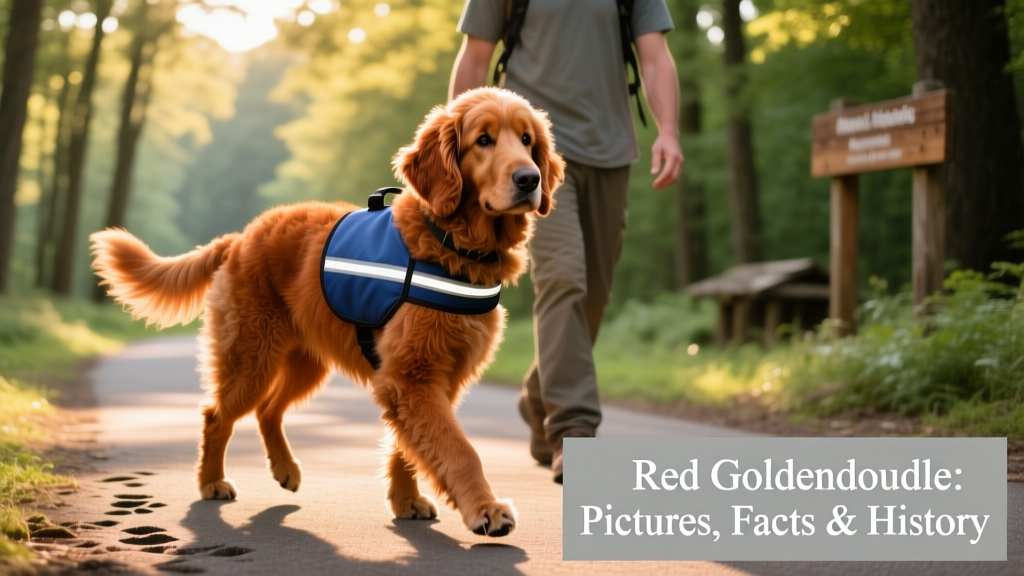 A mature red Goldendoodle wearing a lightweight service vest, walking calmly beside its handler on a paved trail