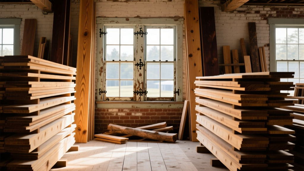 Stacks of reclaimed pine flooring and vintage double-hung windows organized in a rustic building materials exchange yard in Lisbon Maine