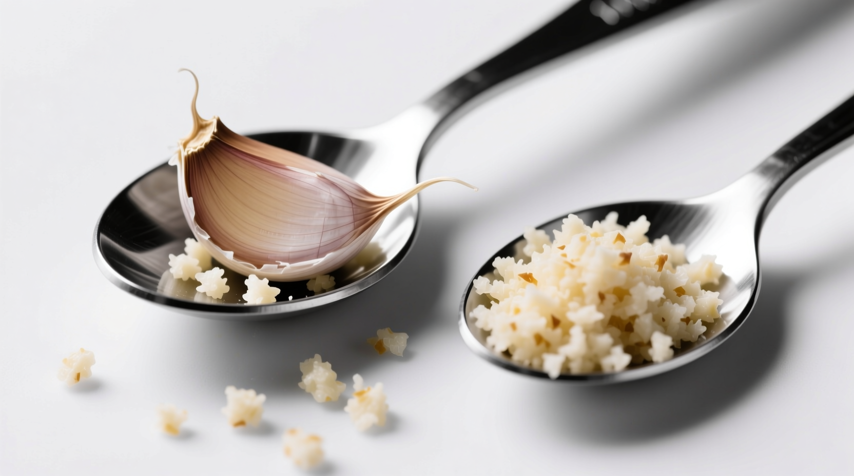 Holiday cooking season fresh garlic cloves versus store-bought minced garlic in measuring spoons showing 1:2 volume difference for accurate recipe conversion