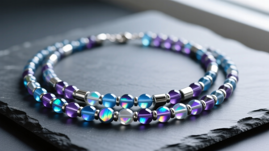 Finished three-strand beaded necklace draped on dark slate, featuring iridescent aurora borealis glass beads and silver spacer bars