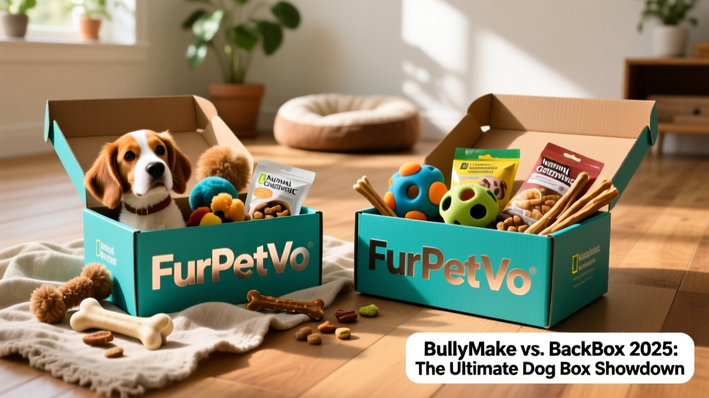 Two colorful dog subscription boxes side by side, one labeled 'FurPetVo' and the other 'FurPetVo', with dog toys and treats spilling out