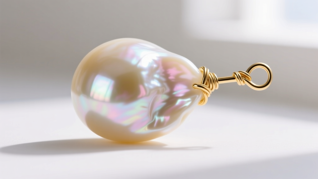 Macro shot of a cream baroque pearl showing thick, mirror-like nacre luster, secured by a 14k gold-filled wire-wrapped headpin.