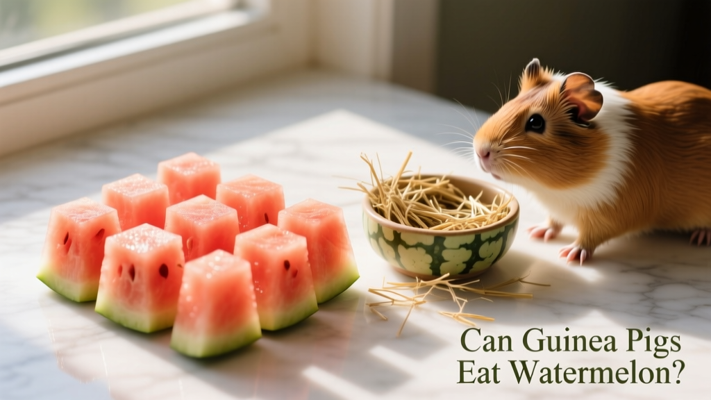 Fresh, seedless watermelon cubes placed on a clean surface next to a guinea pig's hay bowl