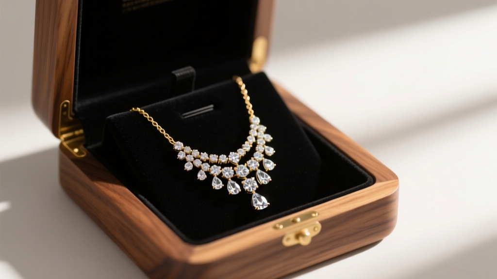 Open walnut wood necklace holder box with black velvet interior, displaying a layered diamond pendant and delicate gold chain.