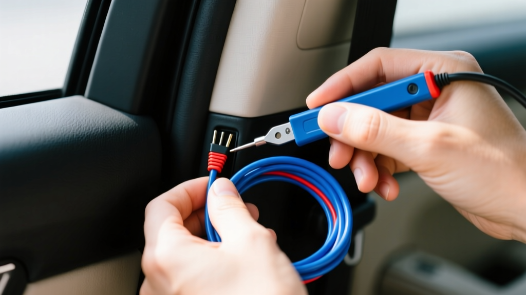 Hands using a plastic trim removal tool to tuck a dash cam hardwire kit cable into the rubber weatherstripping of an A-pillar