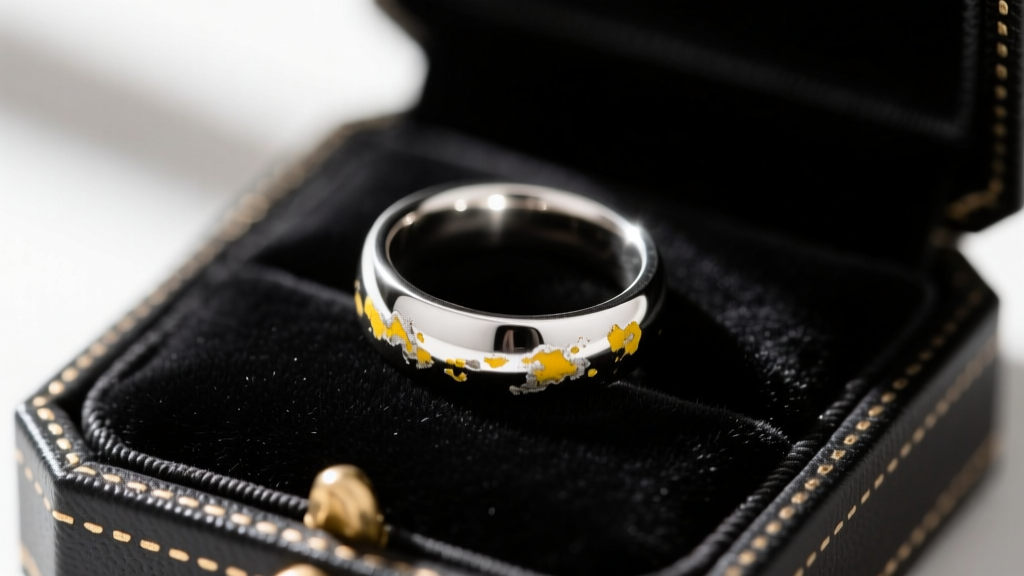 Macro shot of a silver ring on black flocked velvet inside a decorative box, showing early stages of yellow silver sulfide tarnish.
