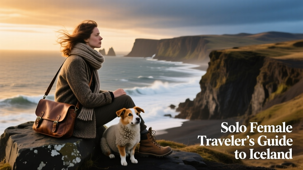 Solo female traveler sitting on a rock on the coast of Iceland, gazing out over the sea