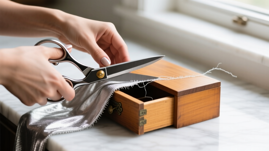Close-up of hands cutting silver-impregnated anti-tarnish cloth to fit a small wooden jewelry drawer using sharp fabric shears.